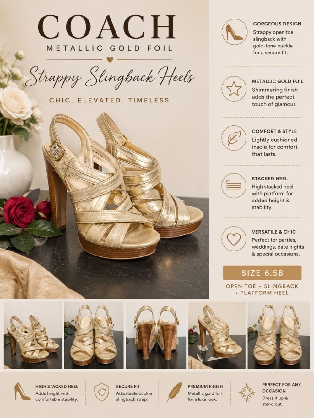 COACH Metallic Gold Foil Strappy Open Toe Sling Back Heel 6.5B